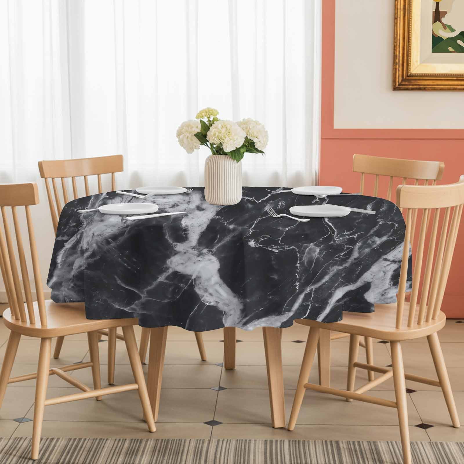 Round Tablecloth Black Marble Waterproof Oil Proof Polyester Table Cloth Cover Decor for Home Dining Outdoor,Patio,Parties, 54" Dia. Abstract Modern Themed
