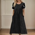 thumbnail image 2 of XIAOCHA Women's Eyelet Dress Loose Pleated Pocketed Short Sleeves Crewneck Midi Dress Breathable Casual Everyday Dresses, 2 of 5