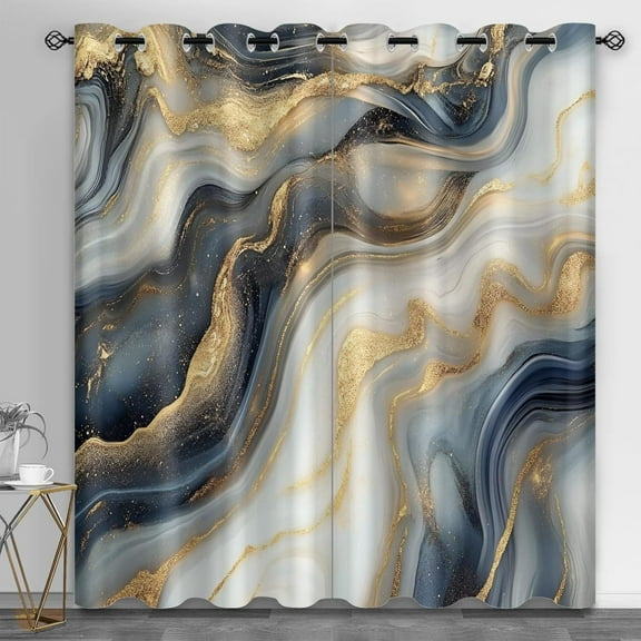 Light Luxury Gold Window Curtains, Gold Marble Blackout Curtains , Abstract Waves Thermal Insulated Curtain For Bedroom Office Playroom Window Treatments 52"W x 90"L (Pack of 2)