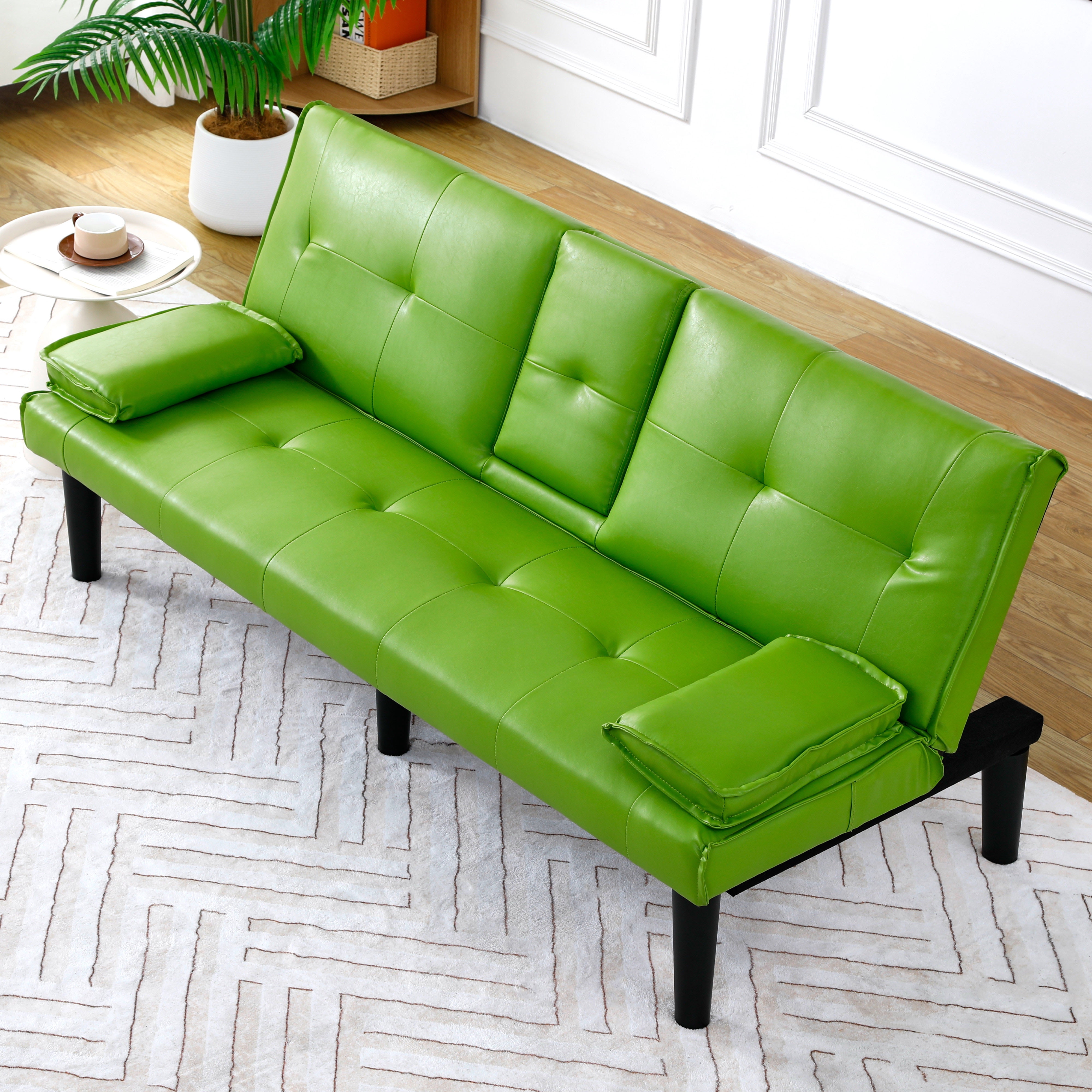 67 inch Futon Sofa Bed Faux Leather Couch Modern Convertible Folding Recliner with 2 Cup Holders for Living Room,Bedroom,Green