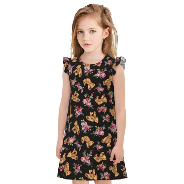 Balery Rose Flower Bear Camisón de princesa para niñas, pijama de algodón con mangas abullonadas, suave y bonito.-Medium