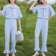 thumbnail image 2 of Odeerbi Teen Girls 2 Piece Outfits Ruffle Tops Pants Set Summer Clothes Spring Cute Solid Color Long Sleeve Comfy V-Neck Blouses Pants Set Blue, 2 of 4