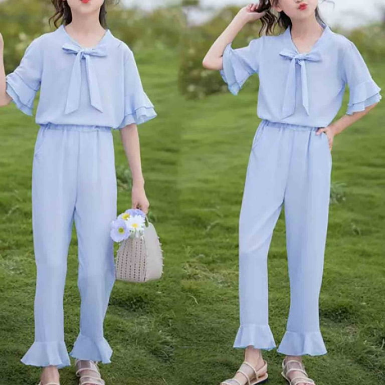 REORIAFEE Cute Outfits for Teen Girls Half Sleeve Top and Flare Bell Bottom Pants Front Bow Knot Suits Ruffle Bottom with Pocket Outfit Solid Color Set Crewneck Summer Clothing Size 130 Blue