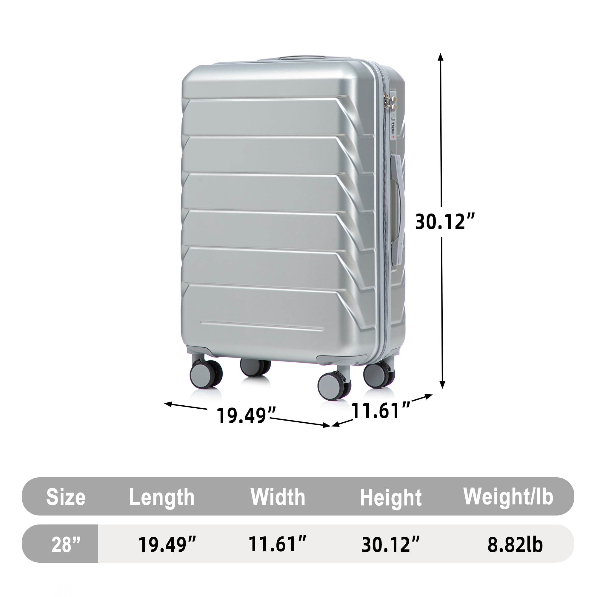 28 Inch ABS Hard Shell Large Travel Checked Luggage, Scratch Resistant Surface Four Multi-Directional Wheels, With Combination Lock and Side Hooks (Silver)