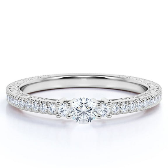 JeenMata Milgrain Decorative - 1.75 Carat Round Moissanite - Art Deco Filigree - Pave Channel - Cathedral Prong Engagement Ring - 18K White Gold Plating Over Silver