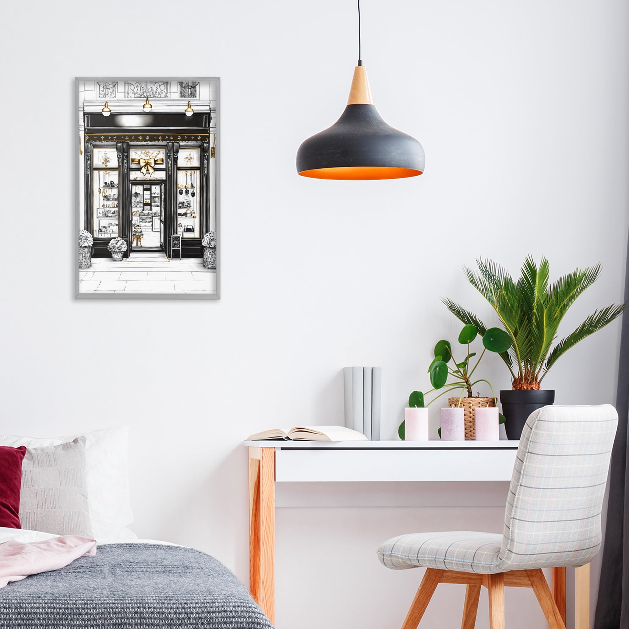 Stupell Industries Glam Paris Shop Facade Gray Framed Giclee Art, design by Petal Prints Design