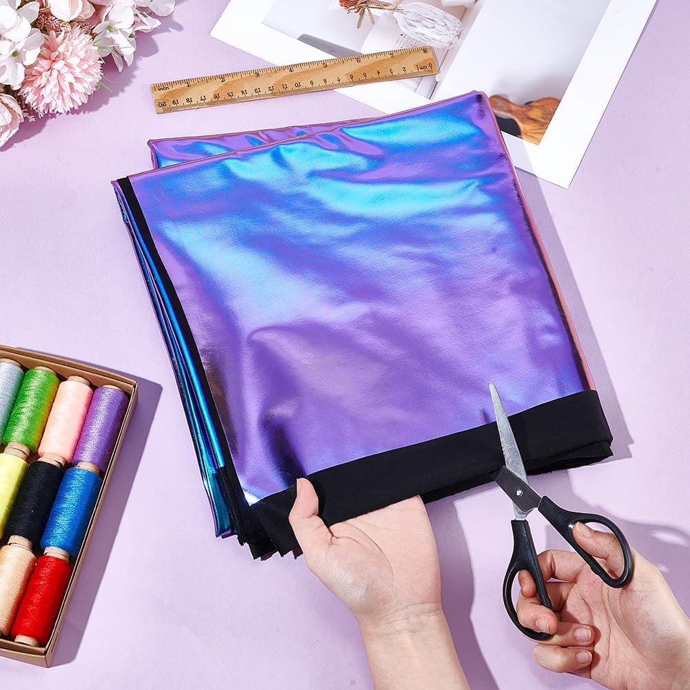 2 Yards Metallic Foil Stretch Fabric Medium Purple Hologram Sewing Fabric 63 Inches Wide Mirror Reflective Vinyl for DIY Textile Dancewear Costumes Garment Accessories