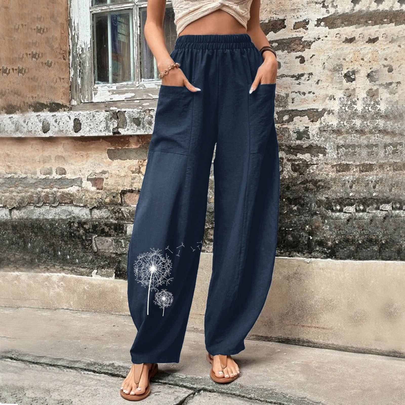 Womens Solid Color Casual Pants Flower Prints Trousers Elastic Waist  Pockets Wide Leg Trousers Women's Casual Pants Navy L - Walmart.com