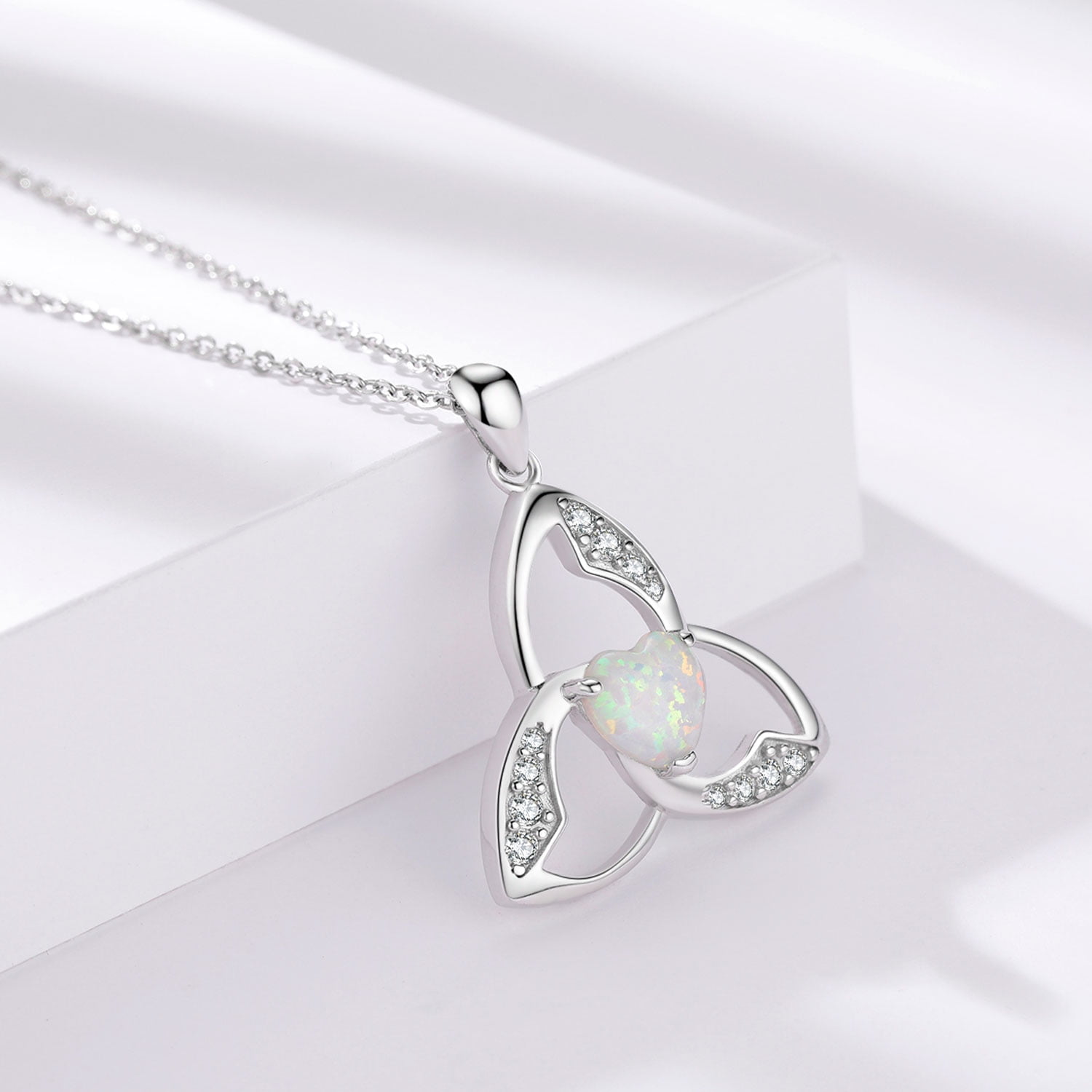 Coachuhhar Celtic Trinity Knot Necklace 925 Sterling Silver Heart Opal Irish Necklace Good Luck Triangle Pendant Necklace Opal Jewelry Gifts for Women