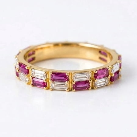 Pink Sapphire & Diamond Ring, Dainty Engagement Ring, Baguette Cut Sapphire and Diamond Stackable Band, Unique Wedding Ring, September Birthstone Ring