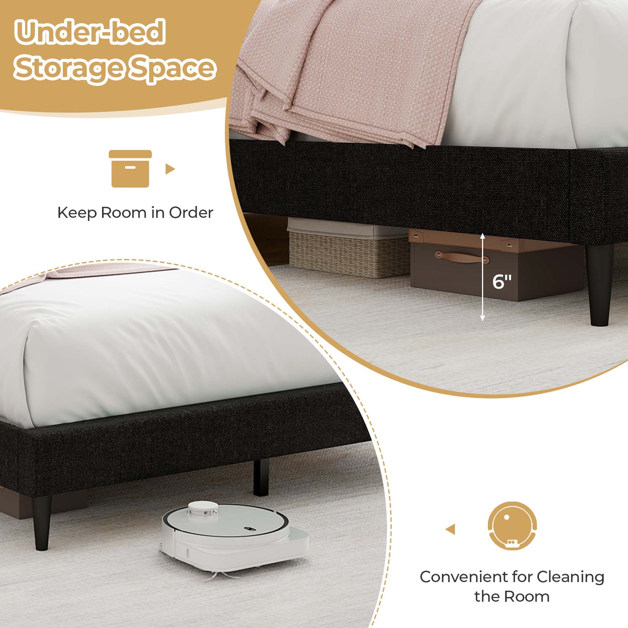 Costway Queen Size Upholstered Bed Frame with Nailhead Trim Headboard Wooden Slats Support
