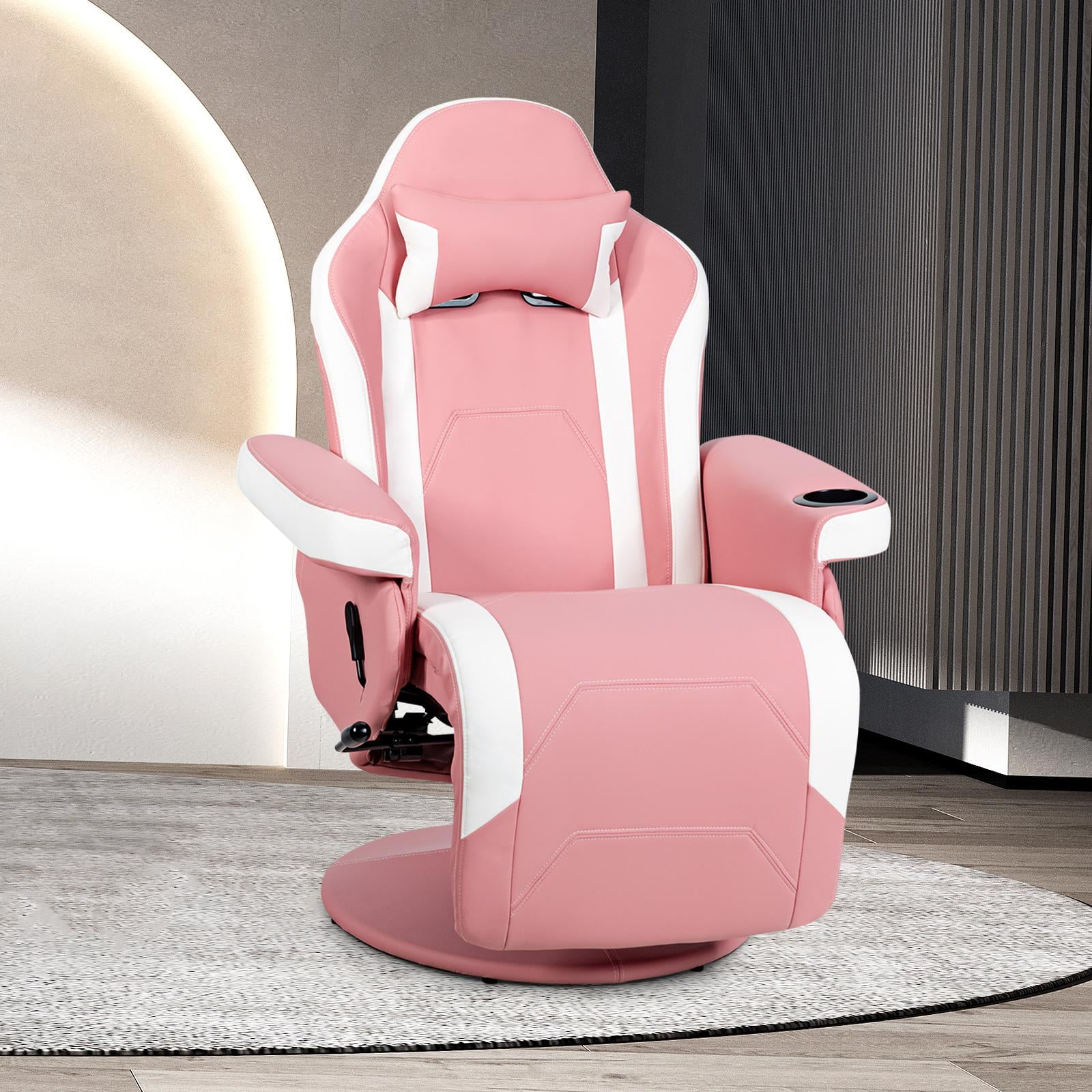 Massage Gaming Recliner, High Back Swivel Home Office Chair w/Adjustable Backrest & Footrest for Gaming, Pink