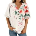 thumbnail image 4 of JTZGDY Short Sleeve V Neck T-Shirts for Women Dressy Floral Printed Summer Half Button Henley Tops Loose Fit Casual Graphic Vacation Tees Shirt Blouses Pink#02 XL, 4 of 6