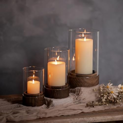 Hurricane Glass Candle Holder : Set of 3 Rustic Brown Candle Holders for Pillar Candles, Vintage Decorative Wood Stand with Clear Glass for Weddings,Christmas,Table Centerpiece,Home Decor