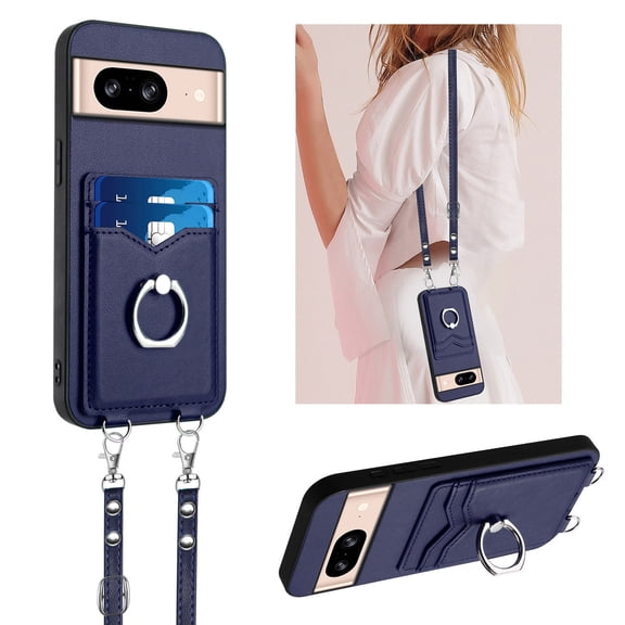for Google Pixel 8 Phone Case Wallet with Crossbody Strap & Card Holder, Premium PU Leather Case, 360 Ring Holder Kickstand Durable Protective Women Men Cover for Google Pixel 8,Blue