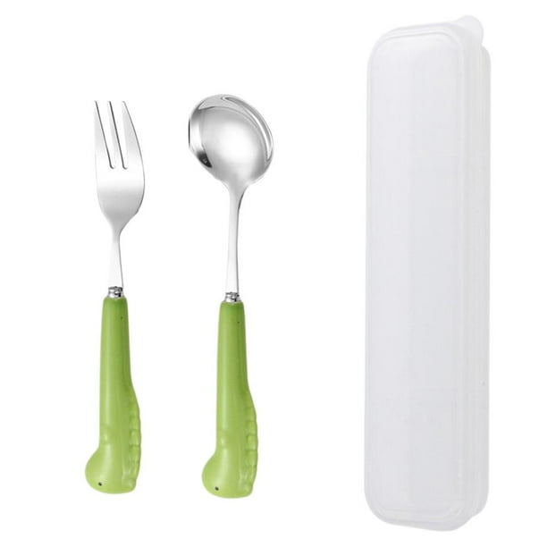 LUVCLS Lindo juego de cuchara y tenedor de acero inoxidable con mango de cerámica, cuchara de dibujos animados de Mal Ani