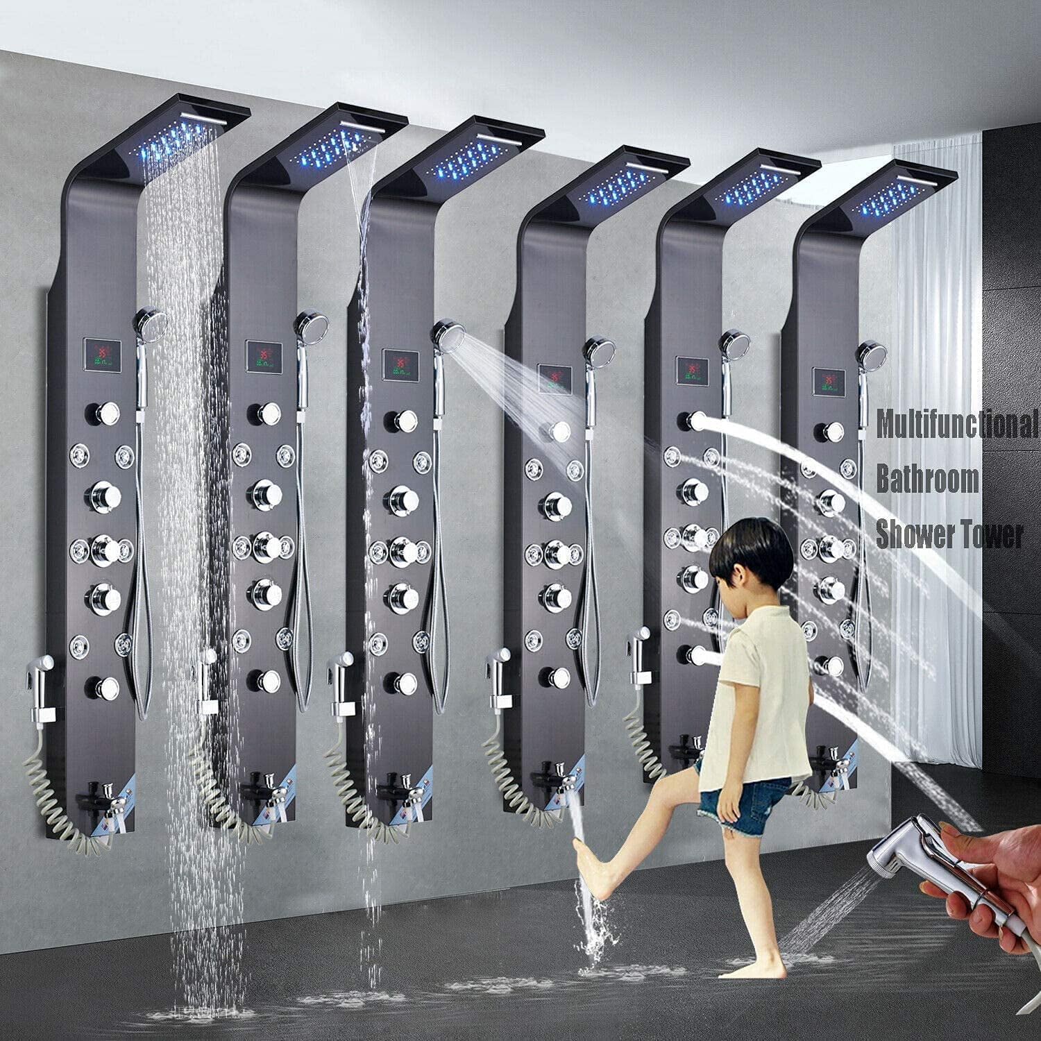 Shower Panel Tower LED Shower System with 6 Functions Unique Powerful hydromassage and Bidet Tap Shower Tower Wall Mounted Black