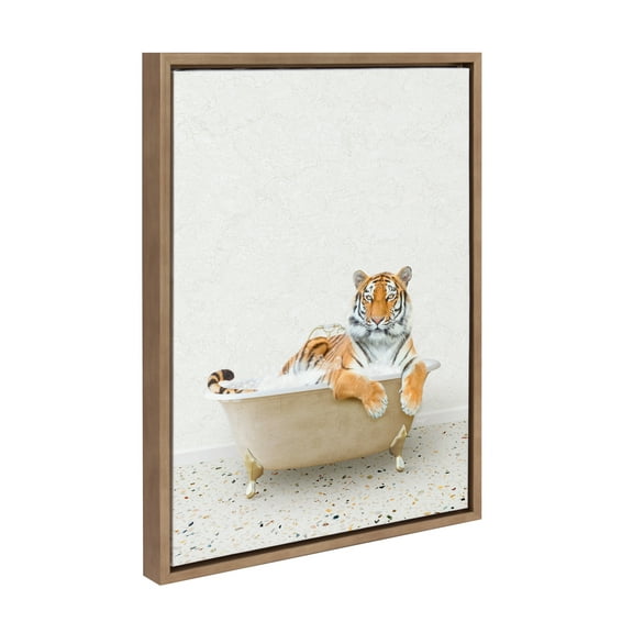 Kate and Laurel Sylvie Tiger in Terrazzo Bath Framed Canvas Wall Art by Amy Peterson Art Studio, 18x24 Gold, Cute Animal Bathtub Art for Wall