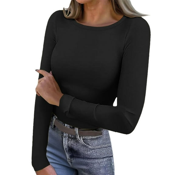 ZJXFGS Long Sleeve Thermal Shirt for Women Long Sleeve Shirt for Women Lightweghit Fleece Tops 2025 Crew Neck Basic T Shirts Black L