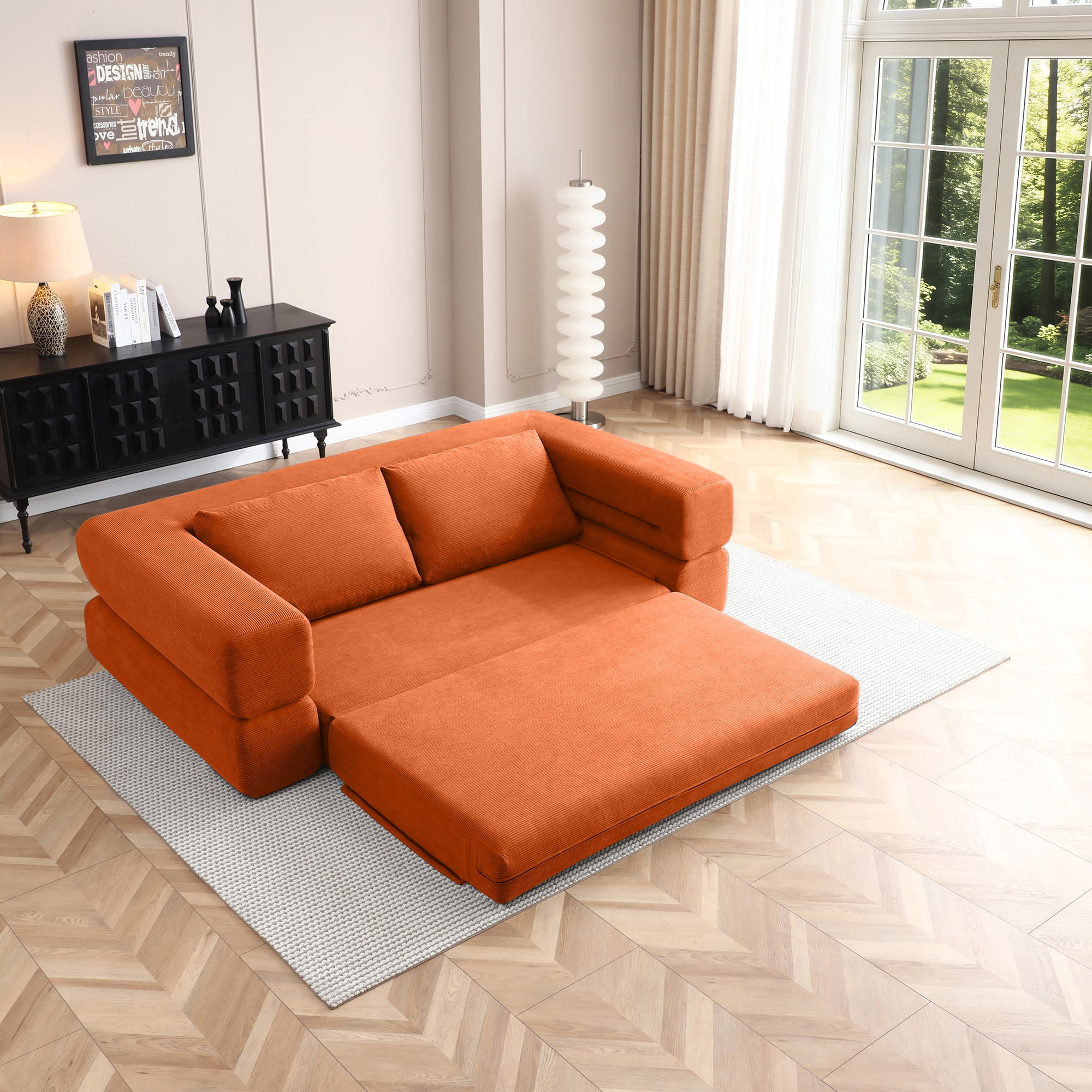 81-Inch Convertible Sofa Bed with Pillows, 3-in-1 Folding Floor Couch and Corduroy Futon Sleeper Mattress for Living Room and Bedroom, Orange