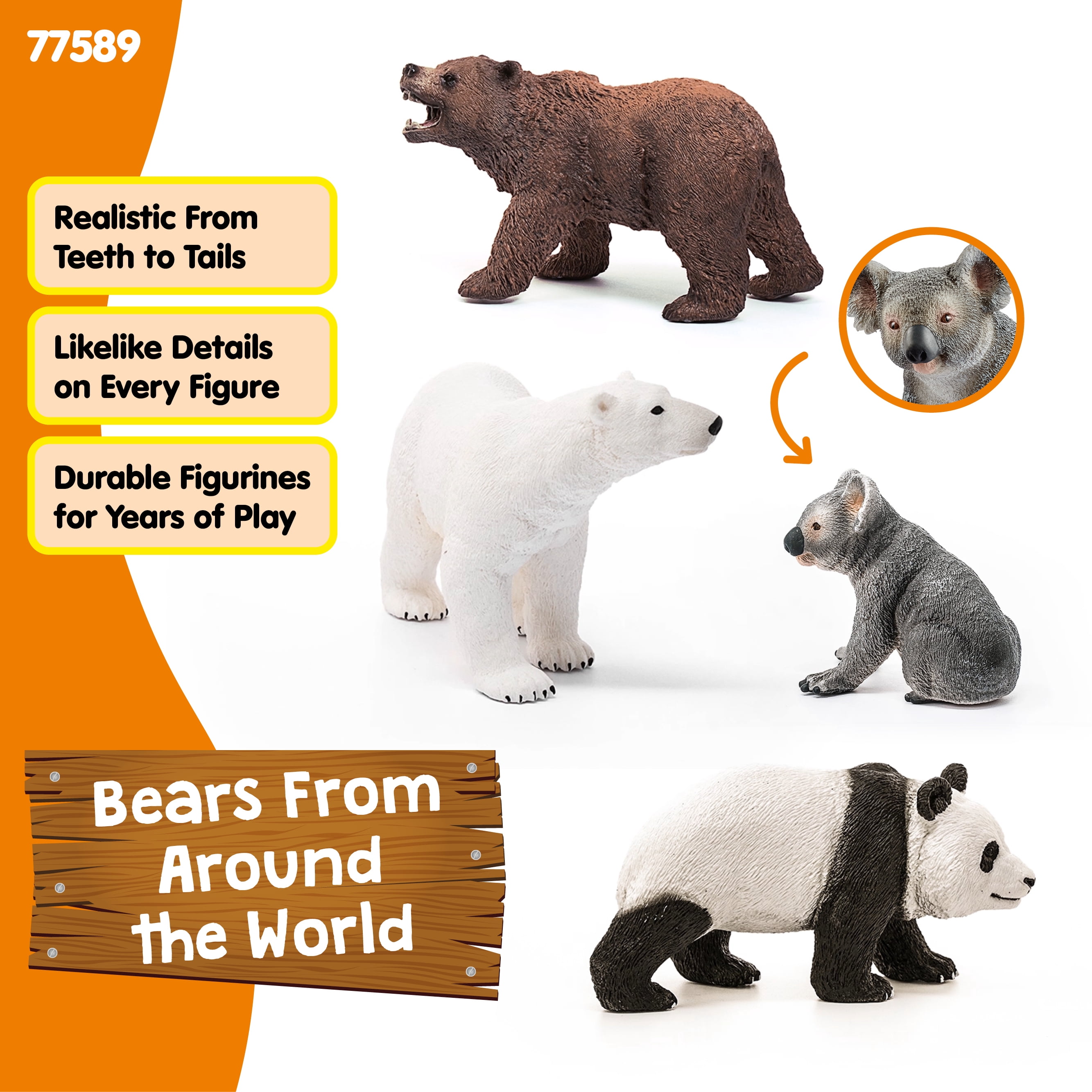 schleich Wild Life 4 PC Bear Figurine Toy Set with Panda, Koala, Grizzly and Polar Bear Figures