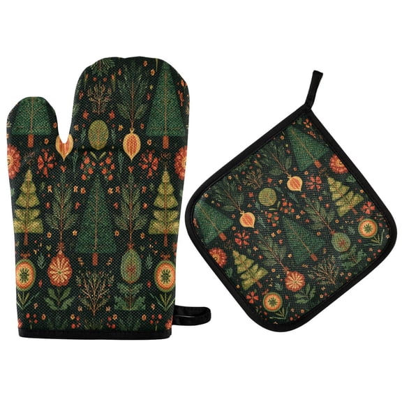 2PCS Pot Holders and Oven Mitts Sets Cooking Gloves Kitchen Gloves Heat-Resistant Non-Slip for Baking Cooking Green Christmas Trees