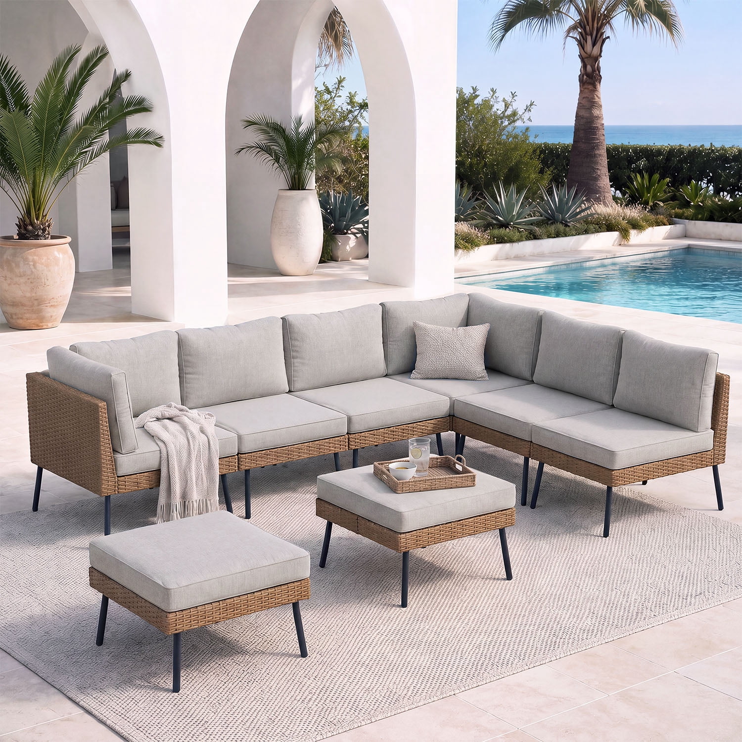 BaPiPro 8-Piece Modular Outdoor PE Rattan Sectional Sofa Set, All Weather Patio Furniture with Removable 4" High Density Cushions & 2 Multifunctional Ottomans for Backyard Garden Courtyard, Gray