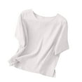 thumbnail image 4 of HomeGardon Womens Shirts Plus Size Tops for Women,Women's Solid Color Imitation Cotton and Linen Shoulder Down Short Sleeved Round Neck Hem Slit Top,S-XXXXL, 4 of 5