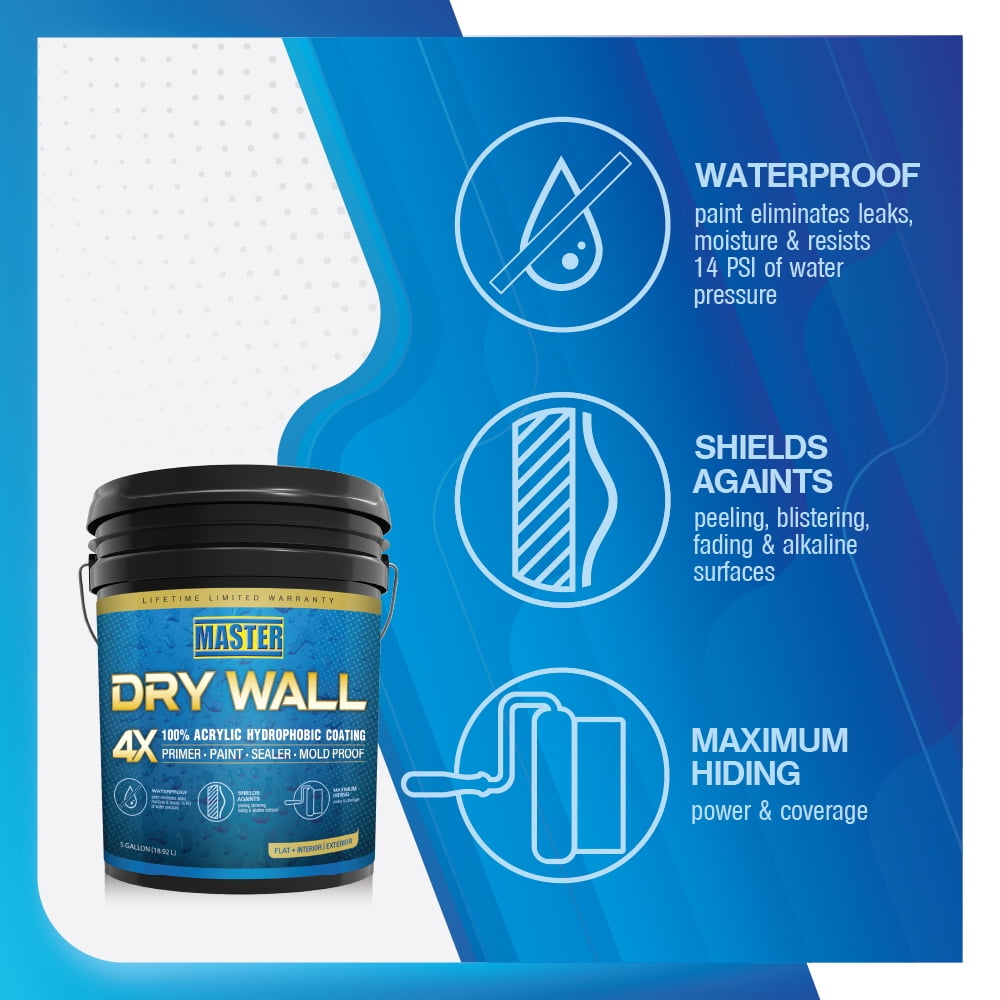Master Paints Dry Wall 100% Acrylic Hydrophobic Coating Interior and Exterior Primer, Paint and Sealer Medium Base Tone 5 gal