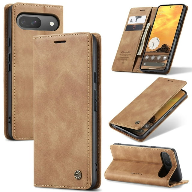 CaseMe Leather for Google Pixel 10/10 Pro Case, Flip Wallet Leather Case with Card Holder Magnetic Closure Shockproof Kickstand Protective Phone Cases Cover for Google Pixel 10/10 Pro,Brown