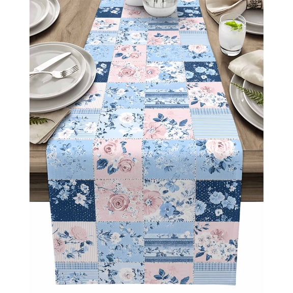 Table Runner Pink Floral Table Decoration for Kitchen Dinning Farmhouse Blue VIntage Texture Table Decoration for Indoor Outdoor Party Wedding Decor 13x90inch