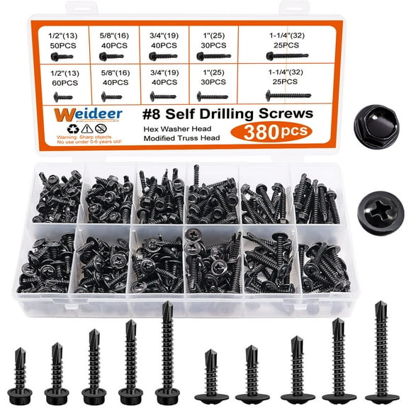 GFDYREE 380 Pcs #8 Vis Auto-Perçantes Auto-Taraudeuses Kit d'Assortiment de Vis Tek Tête de Rondelle Hexagonale à Oxyde Noir Tête de Treillis Modifiée Vis en Tôle Acier Inoxydable 410 (1/2"to1-1/4 Pouces) K-068-380P