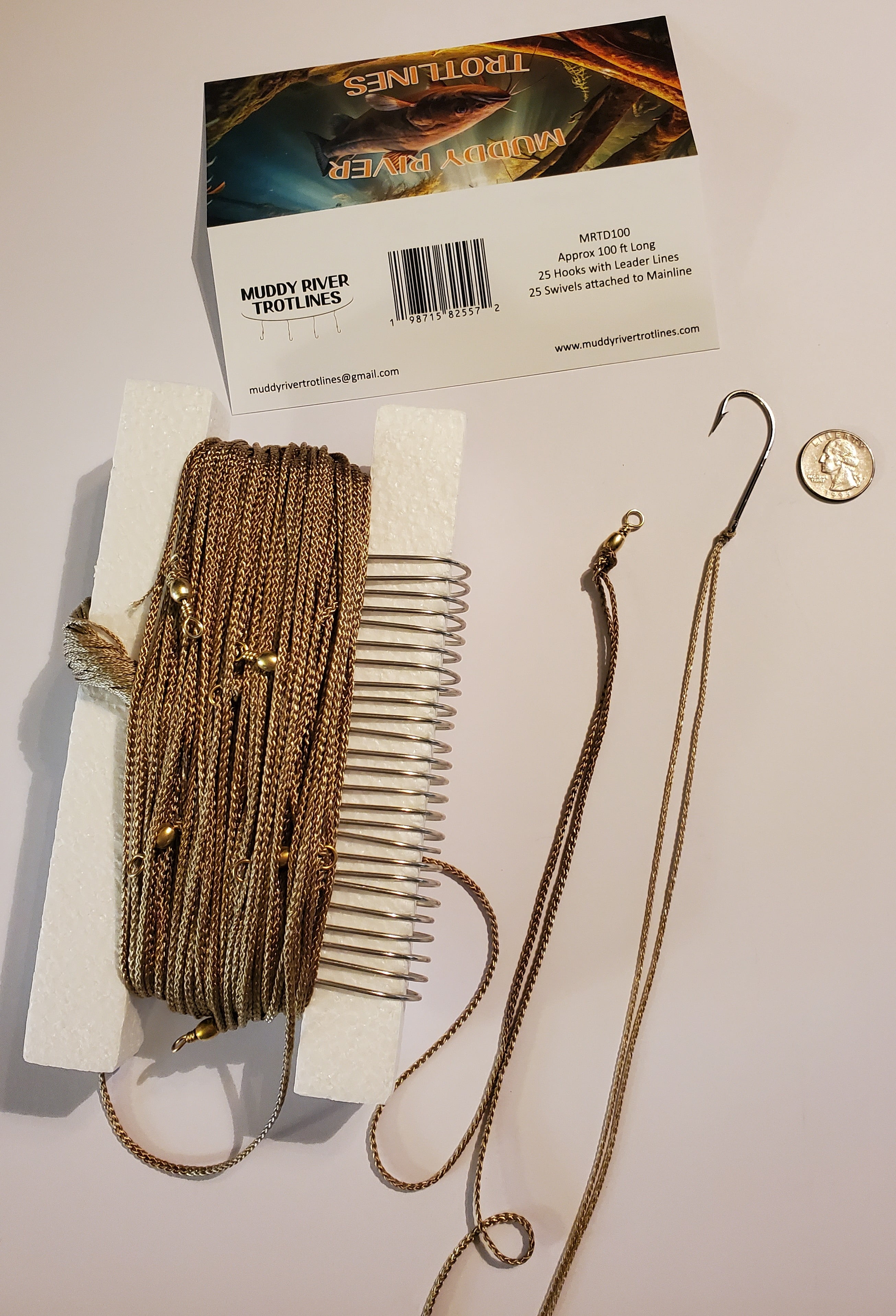 Muddy River Trotlines; Complete Trotline kit Includes: Mainline pre-Rigged with Swivels, Leader Lines and Hooks. MRTD100