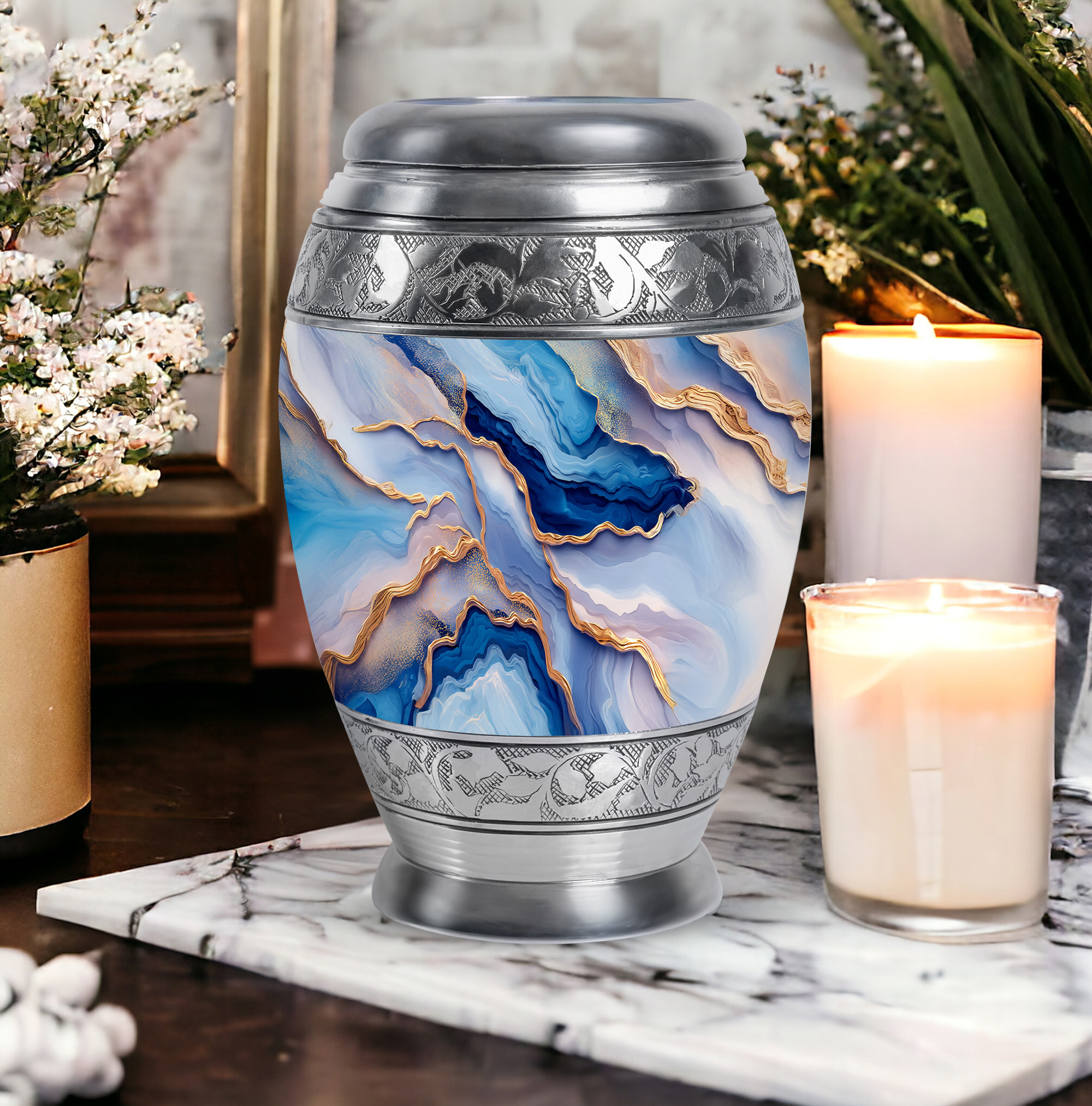 SABURIAL Blue Cremation Urns for Adult Ashes Male - Decorative Urns for Mom & Dad Ash - Cremation Urn for Human Remains - Handcraft Urn for Adult Female - Large Size 10 Inch with Velvet Bag