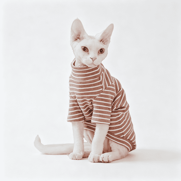 AOMRCOL Sphynx Cats Warm Fleece Shirt Cat Turtleneck Undershirt Thermal Hairless Cat Clothes for Sphynx,Devon,Cornish Cat Clothes and Small Kitten and Dogs (Coffee Bold Stripe,Small)