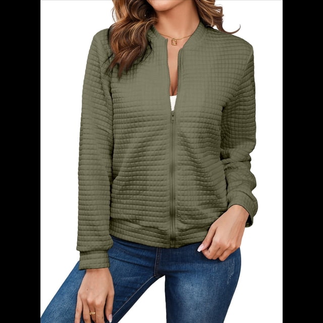 Chaqueta Informal Holgada de Cuadros Pequeños para Mujer, de Color Liso, Tendencia Otoñal, con Cremallera, Larga y Cuello Redondo. Verde L