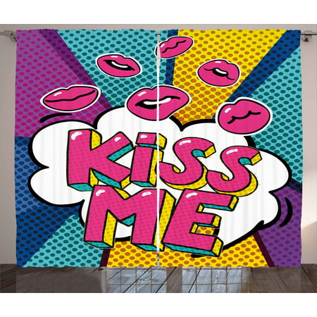 Kiss Curtains 2 Panels Set, Kiss Me Word Bubble in Pop Art Style Retro Colorful Dotted Backdrop with Pink Lips, Window Drapes for Living Room Bedroom, 108W X 90L Inches, Multicolor, by Ambesonne