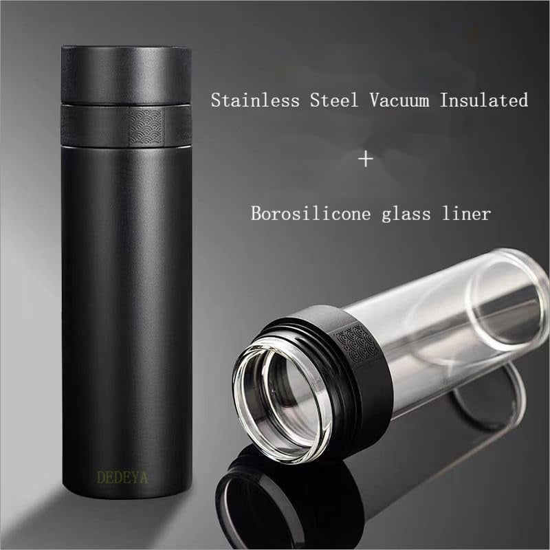 15oz Stainless Steel Vacuum Insulated Water Bottle – Glass Lined Thermos (Tea Strainer, Hot/Cold Drinks, Leakproof Car Mug, Black), 209 – Home Decor, Kitchen, & Other