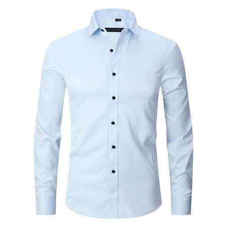 SWSMCLT Men s Long Sleeve Shirts Button Down Lapel Collar Collared Wrinkle-Free Slim Fit Business Formal Tops Lightweight Solid Plain Casual Blue 39