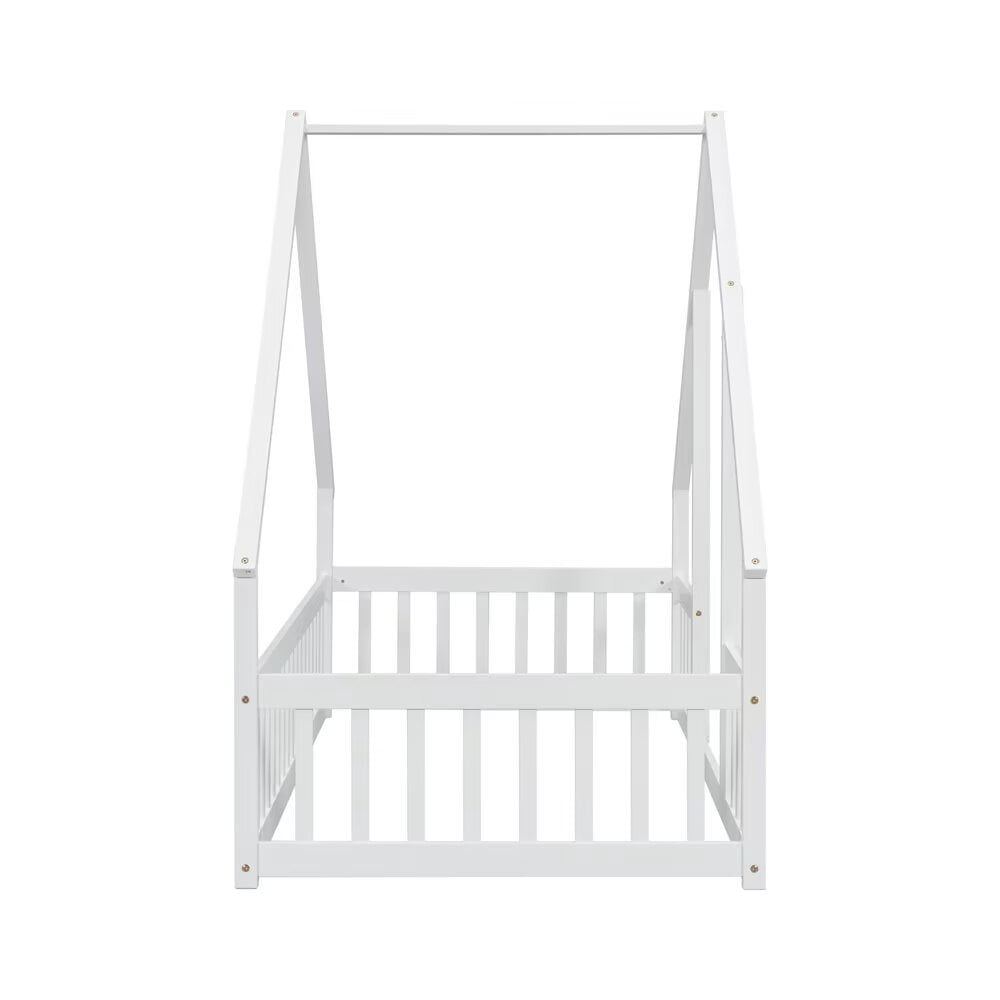 Twin Floor Bed for Kids Toddlers, Wooden Montessori Bed Frame with Roof and Fence Guardrails, Playhouse Bed Tent Bed for Boys Girls Bedroom, Easy Assembly, White