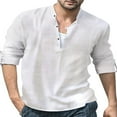 thumbnail image 1 of Men‘s Henley Shirt  Solid Color Long Sleeve Stand Collar Button-Down Loose Simple Linen Beach Tops, 1 of 4