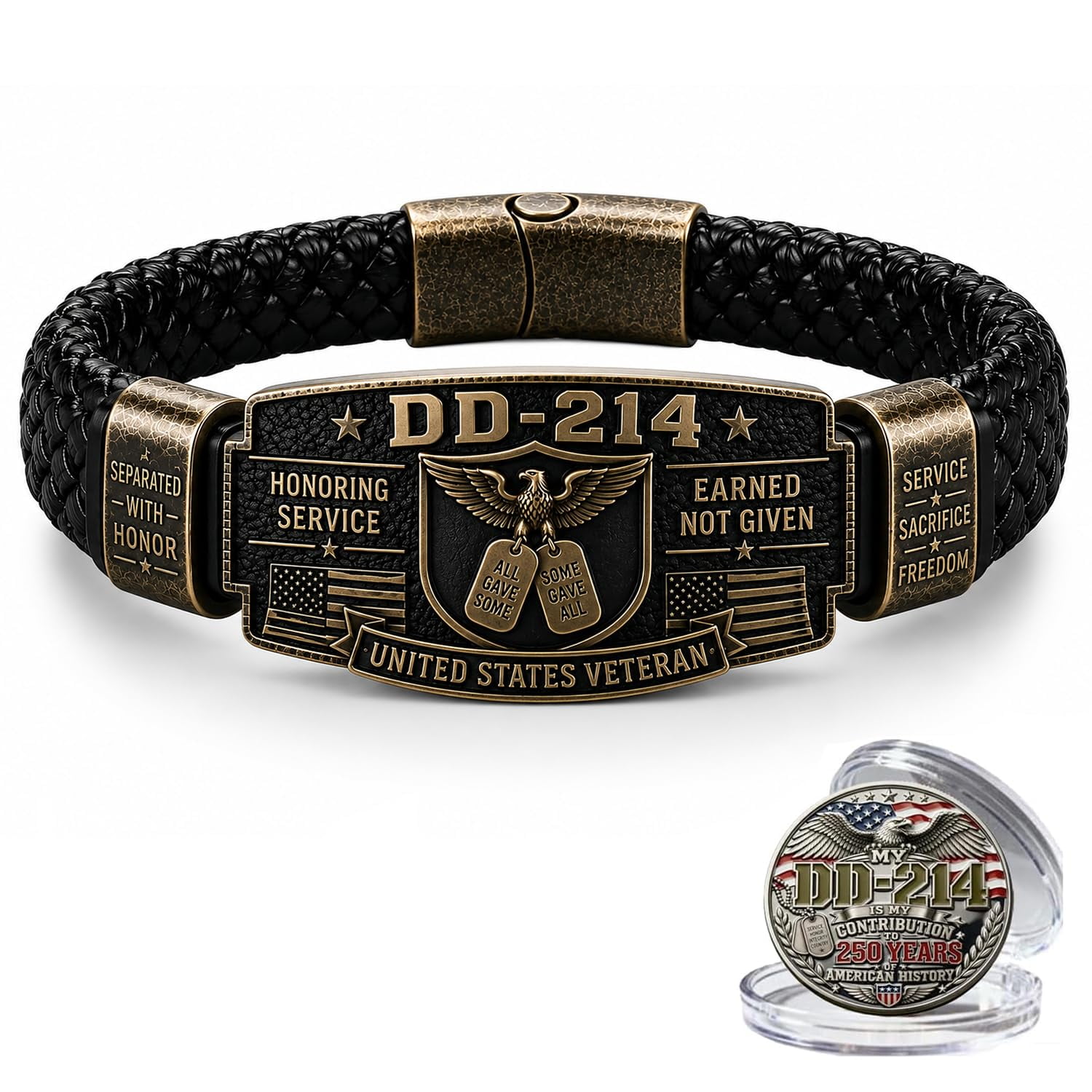 DD-214 Veteran Honor Bracelet, Earned Not Given Braided Cuff Bangle, Antique USA Flag Eagle Wristband, Military Memorial Keepsake Gift for Retired Service Members Men Dad Grandpa(1pcs)