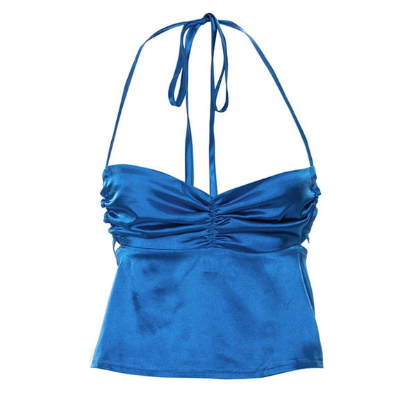 Qmyliery Women Summer Crop Tops, Halter Neck Sleeveless Pleated Chest Tie Up Bandage Backless Casual Vest