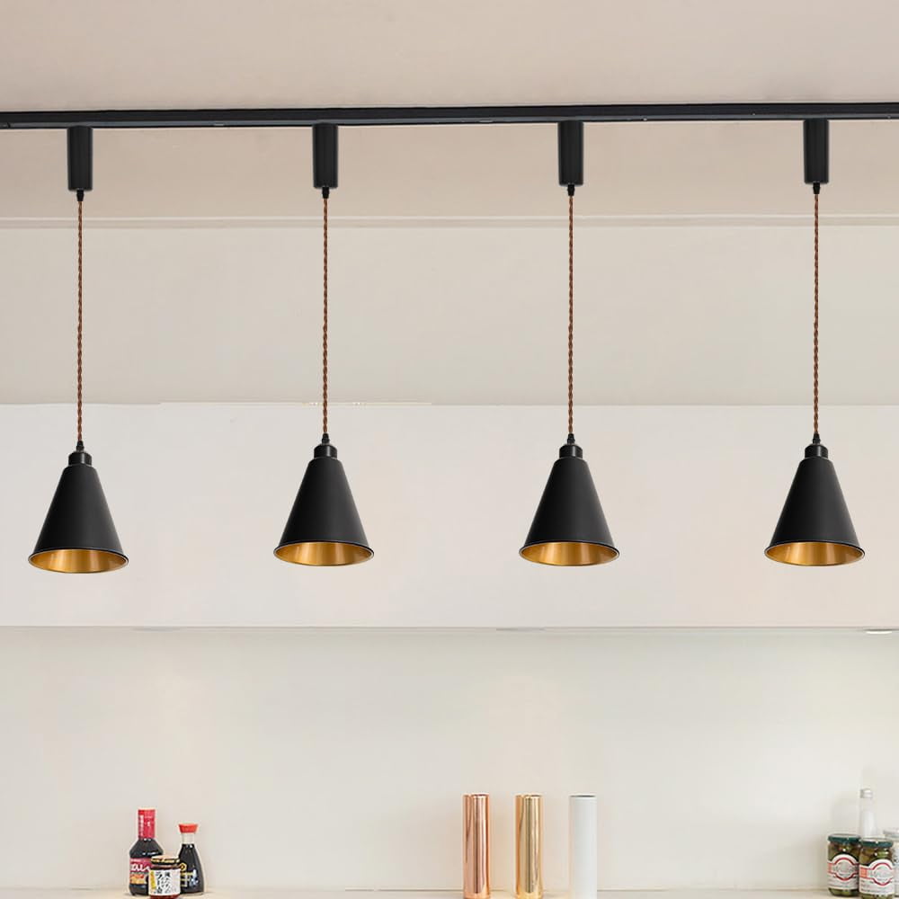 KAYYELAMP Black Metal Cone Shade Inner Gold Track Lighting J-Type 39.3 Inches Brown Twisted Adjusted Cord Vintage Track Lamp for Kitchen Dining Table Loft(No Bulb, Track)