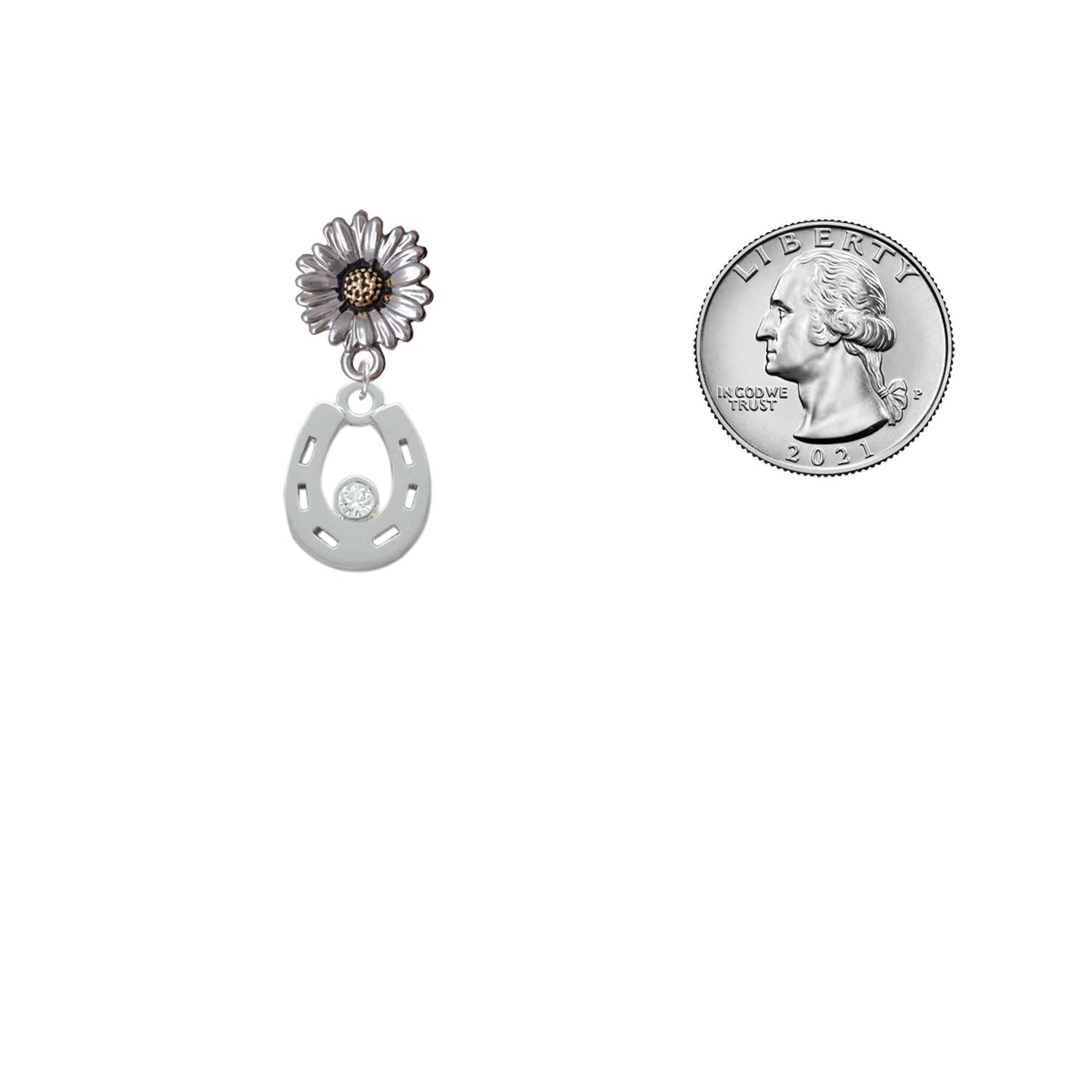 Delight Jewelry Silver-tone Horseshoe with Clear Crystal - Two-tone Daisy Flower Post Earrings