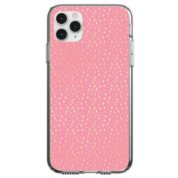 DistinctInk Clear Shockproof Hybrid Case for iPhone 11 Pro MAX (6.5" Screen) - TPU Bumper, Acrylic Back, Tempered Glass Screen Protector - Pink & Gold Star Pattern