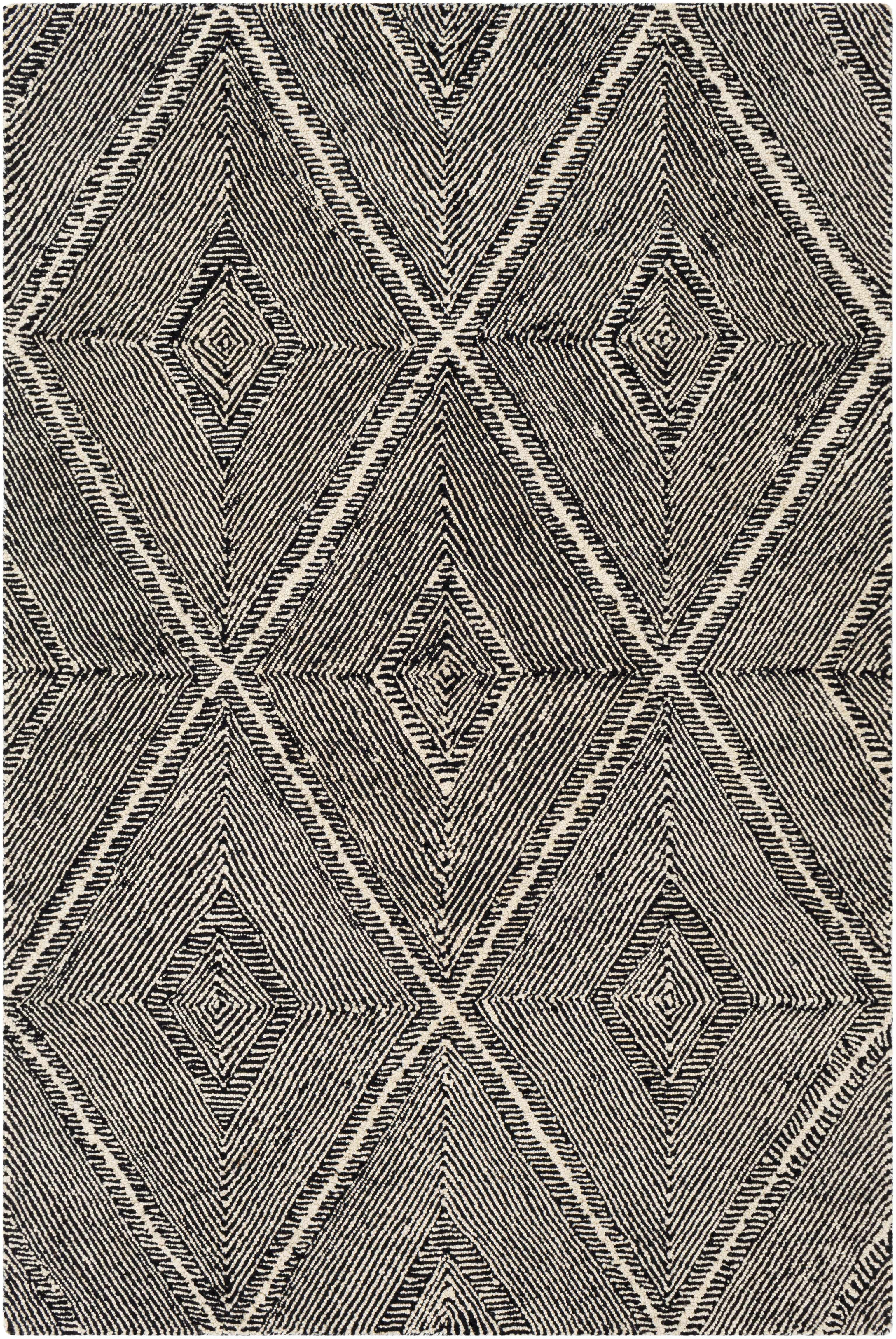 Hauteloom Dimbulah Boho Diamond Hand Tufted Wool Natural Fiber Soft Area Rug - Traditional Trellis Carpet for Living Room, Bedroom, Dining Room - Black and White - 6' x 9'