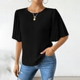 thumbnail image 1 of TaTaai 2026 Spring Summer Solid Color Chiffon Top for Women Round Neck Back Button Pleated Flared Sleeve Five-Quarter Sleeve Casual Blouse Soft Comfy Vacation Gift, 1 of 9