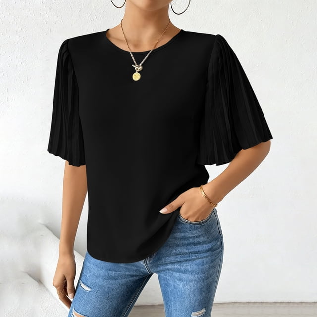 TaTaai 2026 Spring Summer Solid Color Chiffon Top for Women Round Neck Back Button Pleated Flared Sleeve Five-Quarter Sleeve Casual Blouse Soft Comfy Vacation Gift