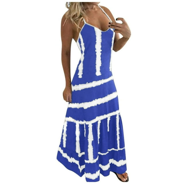 Robe Longue Boho pour Femmes à Bretelles Spaghetti Sans Manches à Rayures Imprimées d'Été Décontractée Longue